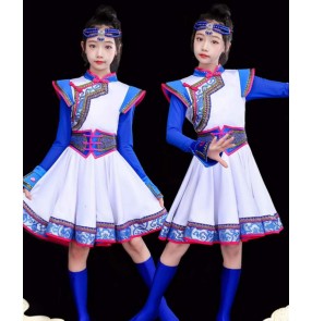 Red Blue Mongolian dance dresses for children girls Ethnic minority clothing Girls chopsticks dance long skirt robe Stage performance set dance